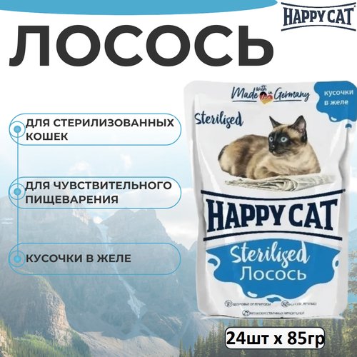 Влажный корм для стерилизованных кошек лосось Хэппи Кэт Happy Cat Кусочки в желе упаковка, 85 г х 24 шт.