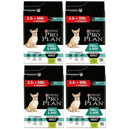 Сухой корм Pro Plan для взрослых собак мелких и карликовых пород с чувствительным пищеварением, ягнёнок с рисом 2.5кг+0.5кг (3кг) 4 шт