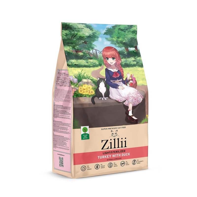 Zillii Zillii сухой корм для взрослых кошек с избыточным весом и стерилизованных Индейка с Уткой (400 г)