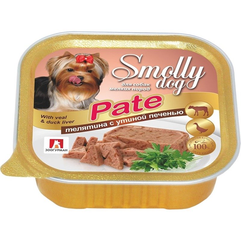 Зоогурман Smolly Dog Pate влажный корм для собак мелких и средних пород, паштет с телятиной и утиной печенью, в ламистерах - 100 г