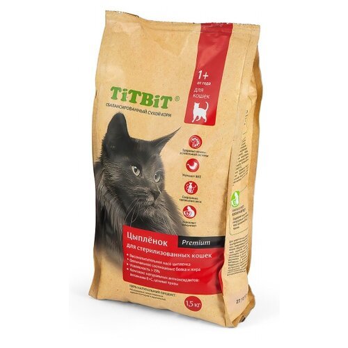 Полнорационный сухой корм для стерилизованных кошек TiTBiT с мясом Цыпленка 1,5 кг