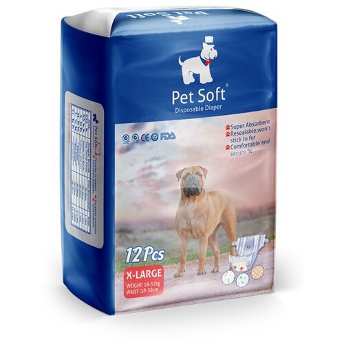 Подгузник PET SOFT DIAPER XL, 3 цвета, для собак, вес 18-32 кг, талия 38-58 см, 12 шт